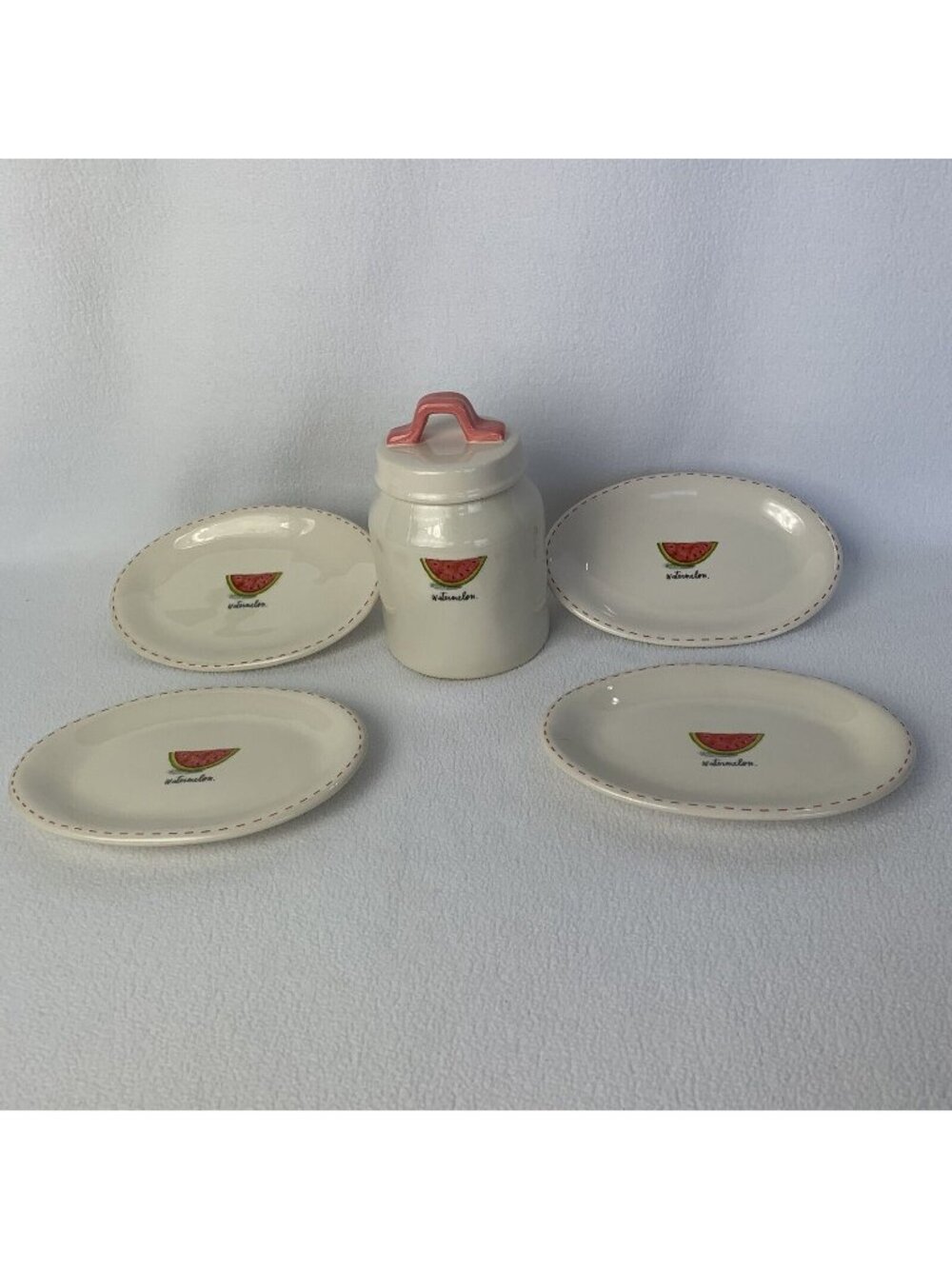 Rae Dunn Watermelon Dish Artisan Collection 4 Oval 8" Plates And Canister 7”